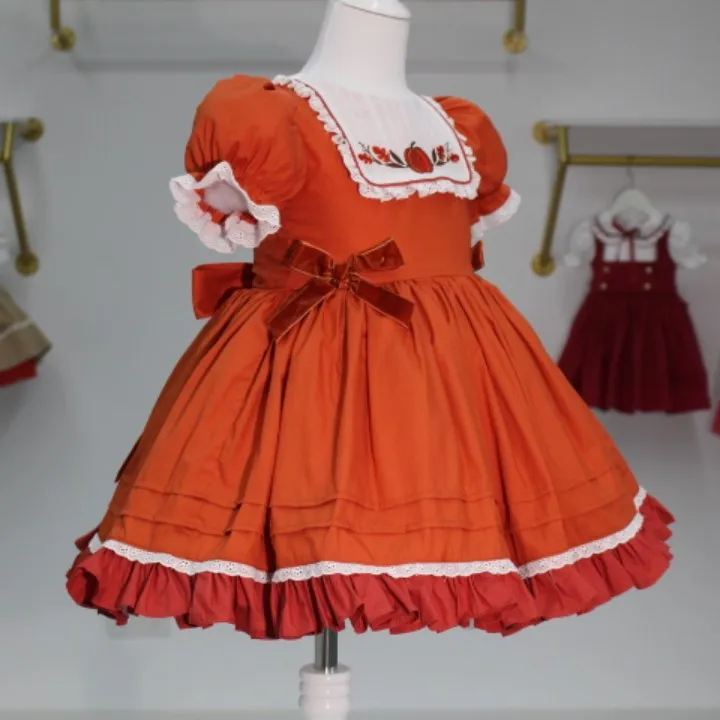 0-12Y Baby Girl Summer  Orange Pumpkin Embroidery Turkish Vintage Spanish Princess Dress for Holiday Birtday Photography B149