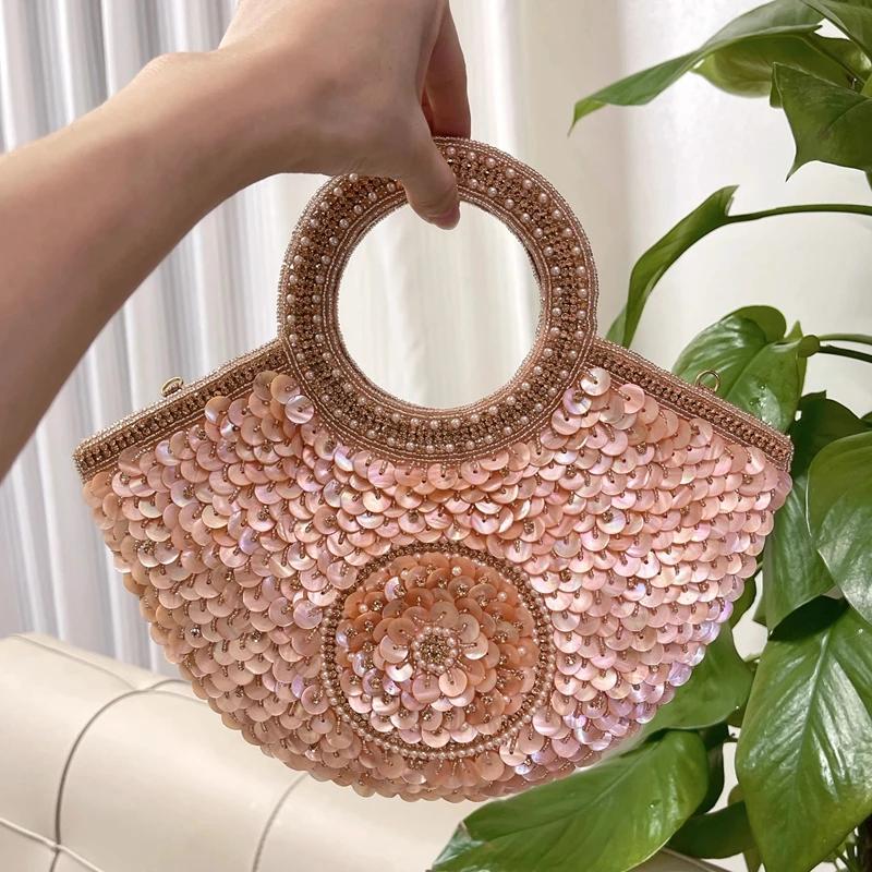 DOYUTIG Indian Women Handmade Beaded Shell Tote Shiny Embroidered Rhinestone Shoulder Armpit Bag Lady Party Handle Handbag N024