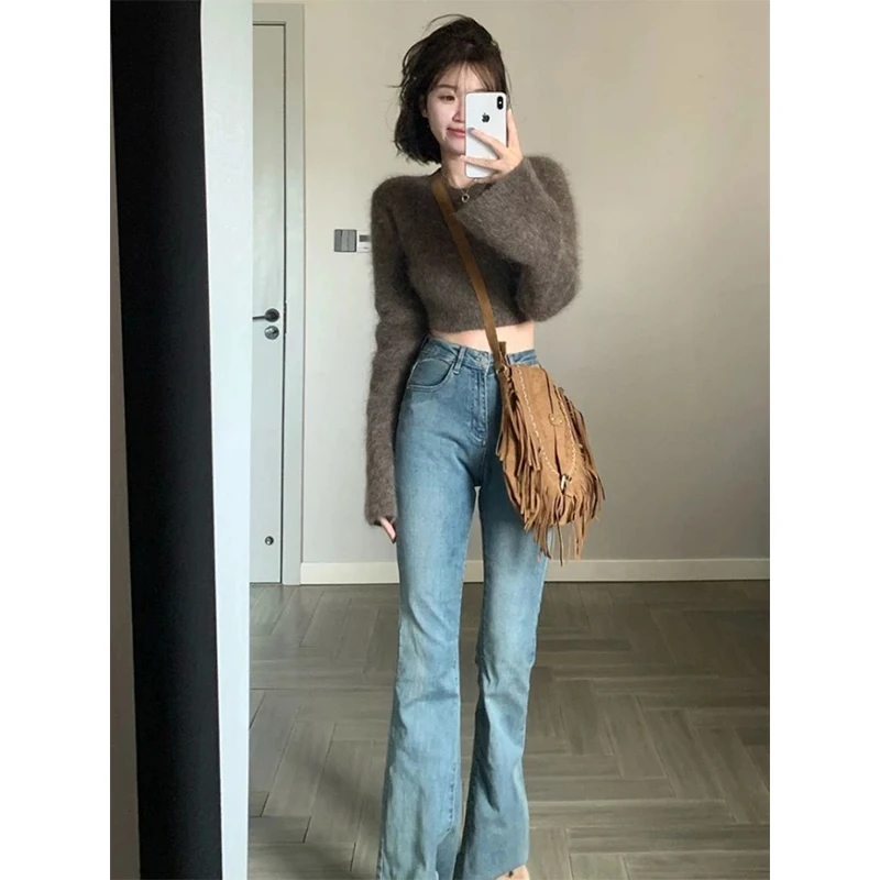 Streetwear Cropped maglione donna Mohair pullover lavorati a maglia coreano Flare Sleeve Slim Jumpers Fashion Solid All Match maglieria nuovo