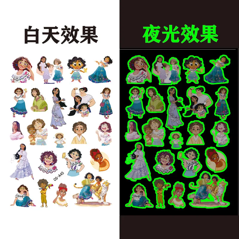 Luminous Encanto Tattoo Stickers para crianças, anime dos desenhos animados, tatuagens temporárias, arte corporal, festa cosplay, brinquedos presentes para crianças, 1pc