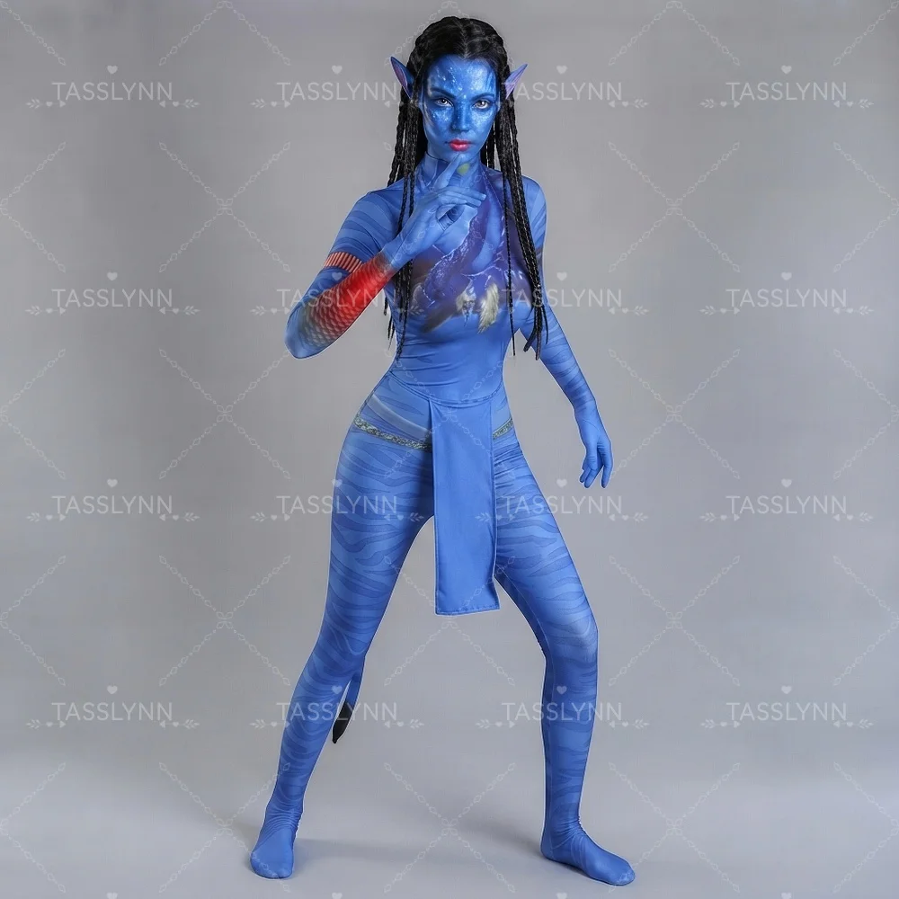 Neytiri Cosplay Zentai Bodysuit Blue Skin Texture Full Body Jumpsuit with Tail for Women Halloween Neytiri Zentai Suit view 6