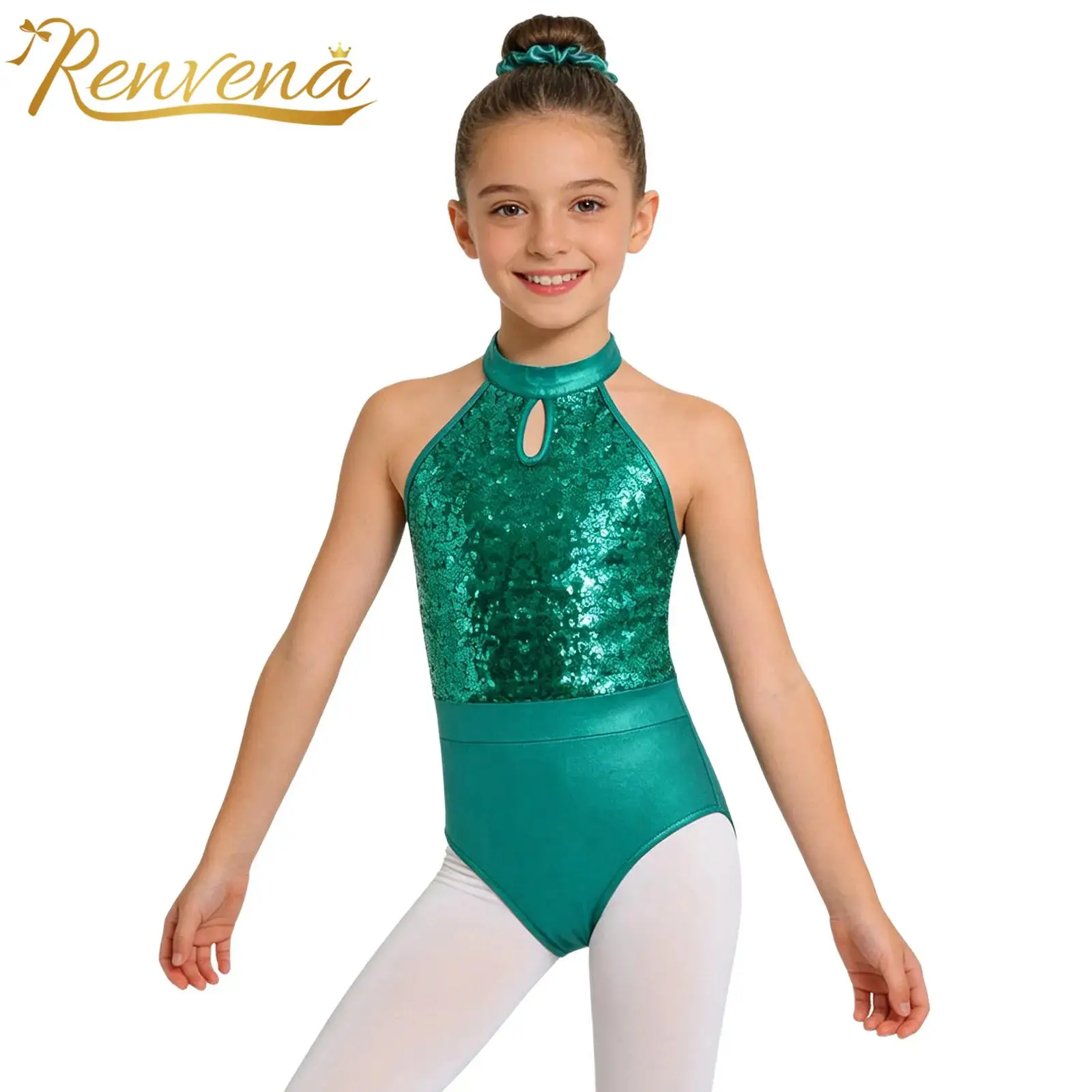 

Kids Girls Sequins Backless Leotard with Metallic Hairband Ballet Dance Leotard Skating Performance Outfit Sleeveless Bodysuits