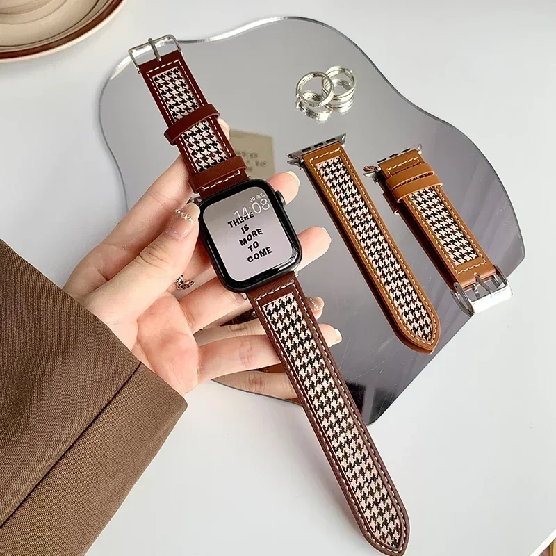 Cinturino per Apple Watch 38/42mm cinturino in pelle pied de poule Iwatch Ultra 49mm S8 cinturino da donna Se 40mm/44mm 41/45mm serie 987654321