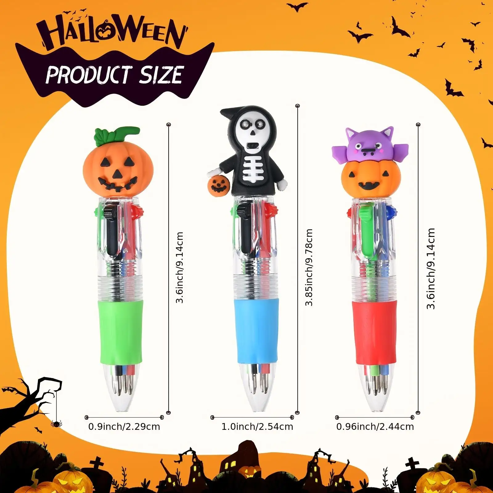 10/20/30Pcs Halloween-Themed Four-Color Pens, Black, Blue, Red, and Green Pens with Various Designs Such as Skulls, Pumpkins, Witches, Bats, Zombies, Candles, Spiders, Etc. Halloween Party Favors, Gift Fillers, Smooth Writing Without Ink Leakage, Halloween-Style Cute Doodle Pens (Mixed Pack)