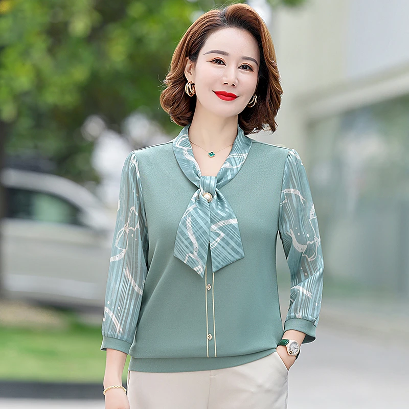 Women Spring Summer Style Chiffon Blouses Shirts Lady Casual O-Neck  Patchwork Chiffon Blusas Tops