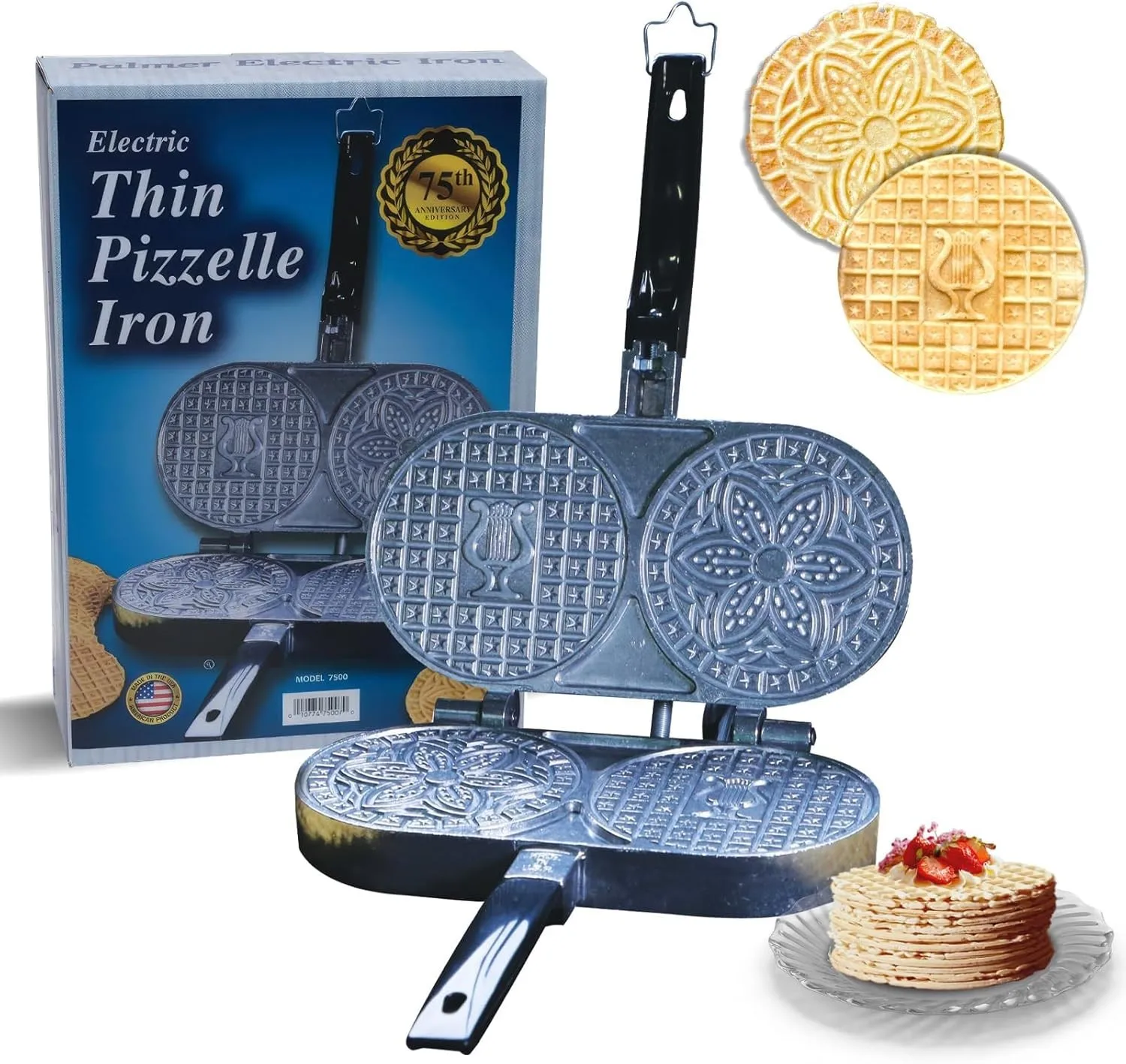 Extra Thin Pizzelle Iron, Model 7500, Electric Pizelle Maker, Made in