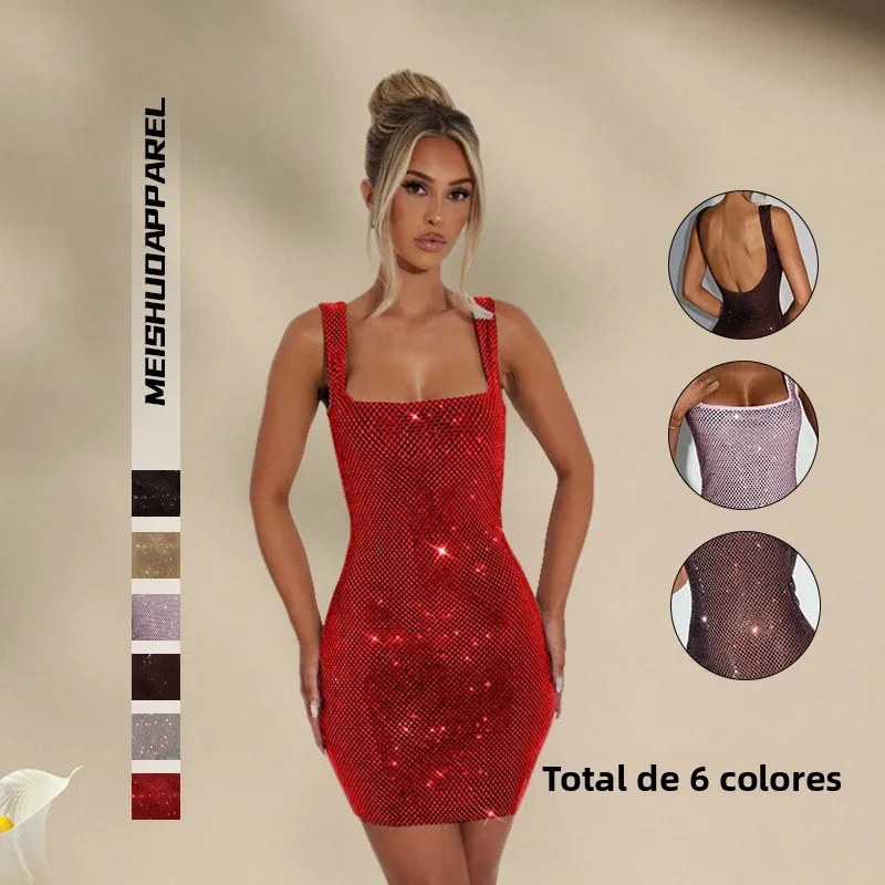 Vestido de mujer sexy y a la moda con pedrería, estilo Cleanfit, versión H, para invierno, estilo urbano, 100% lino y otros m...