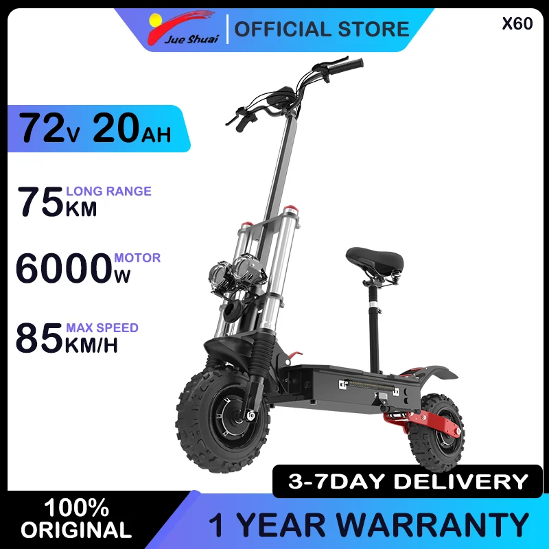 

Electric Scooter 6000W Super Climbing Power 75KM Long Range Foldable E-Scooter with Seat 11'' Off Road Tire EScooter For Adults