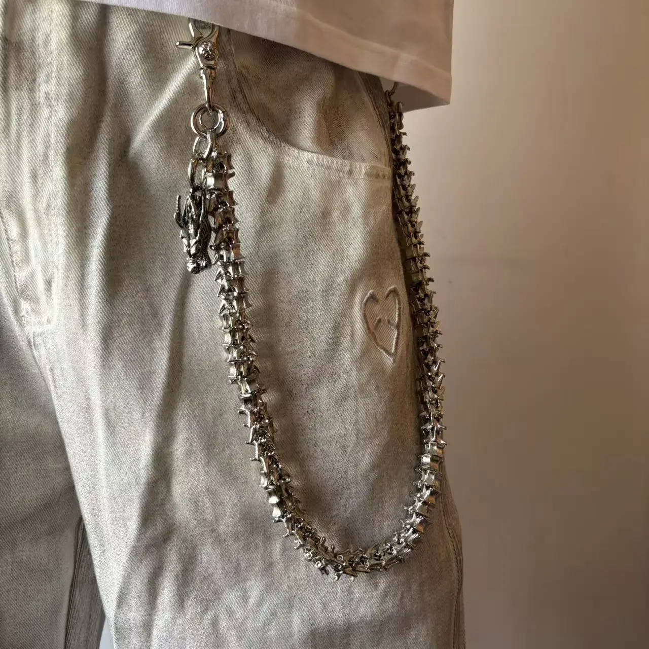 Punk Heavy-Duty Denim Waist With Dragon Head Pendant, Hip-Hop Street Style Pants Chain, Textured Bag Chain