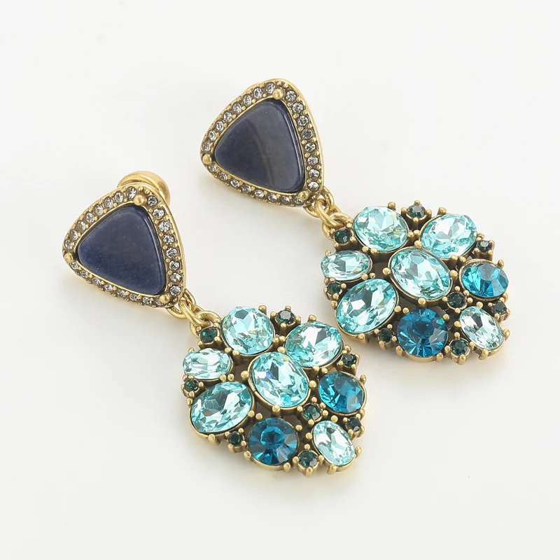 

Vintage Zircon Drop Earrings Triangle Lapis Lazuli Natural Stone Sea Blue Inlays Gold Color Elegant For Women Luxury Designr New