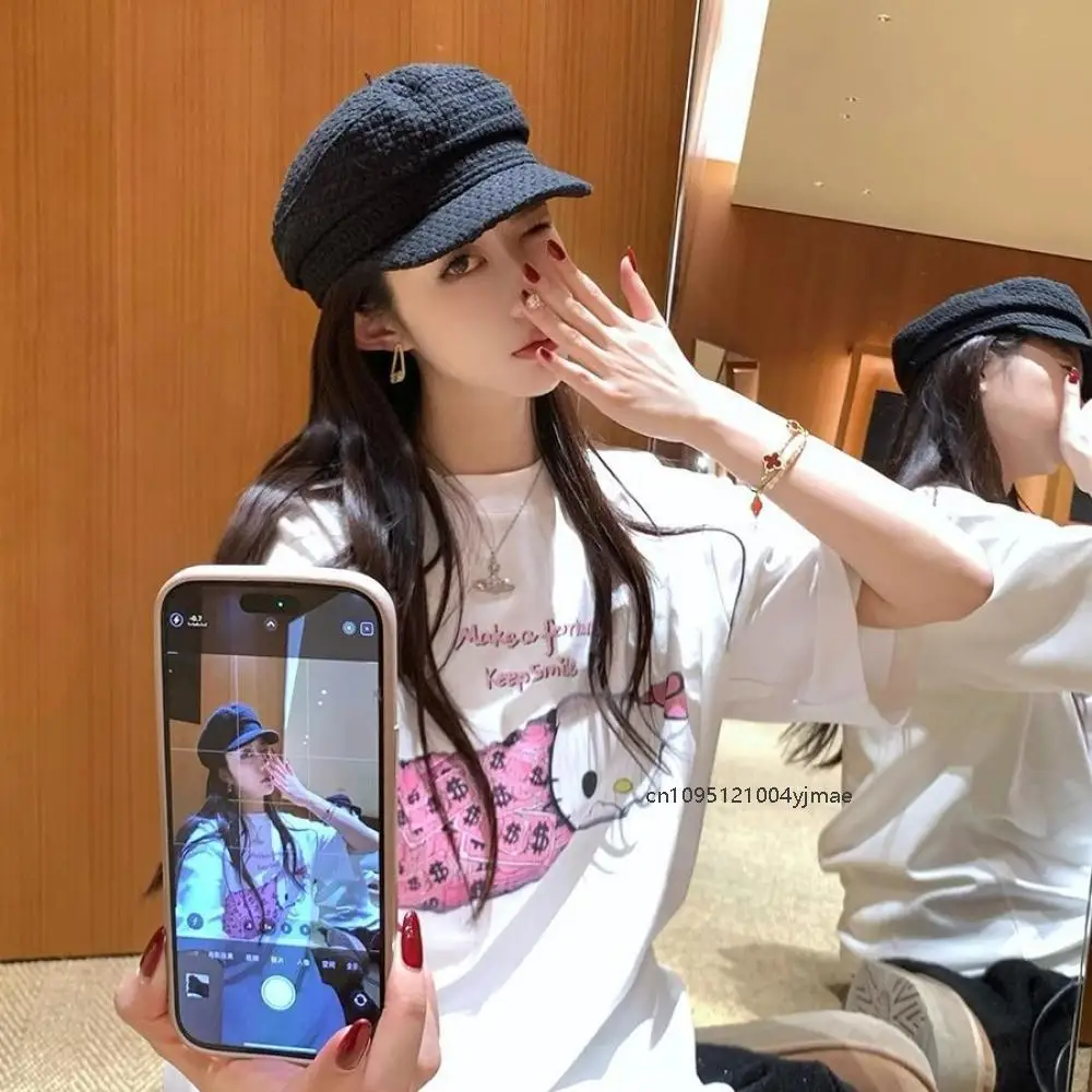 

Hello Kitty New Anime Fashion Women's Tops Y2K Summer Sanrio Cute White Round Neck Tees Cartoon Printed Short Sleeve T-Shirts