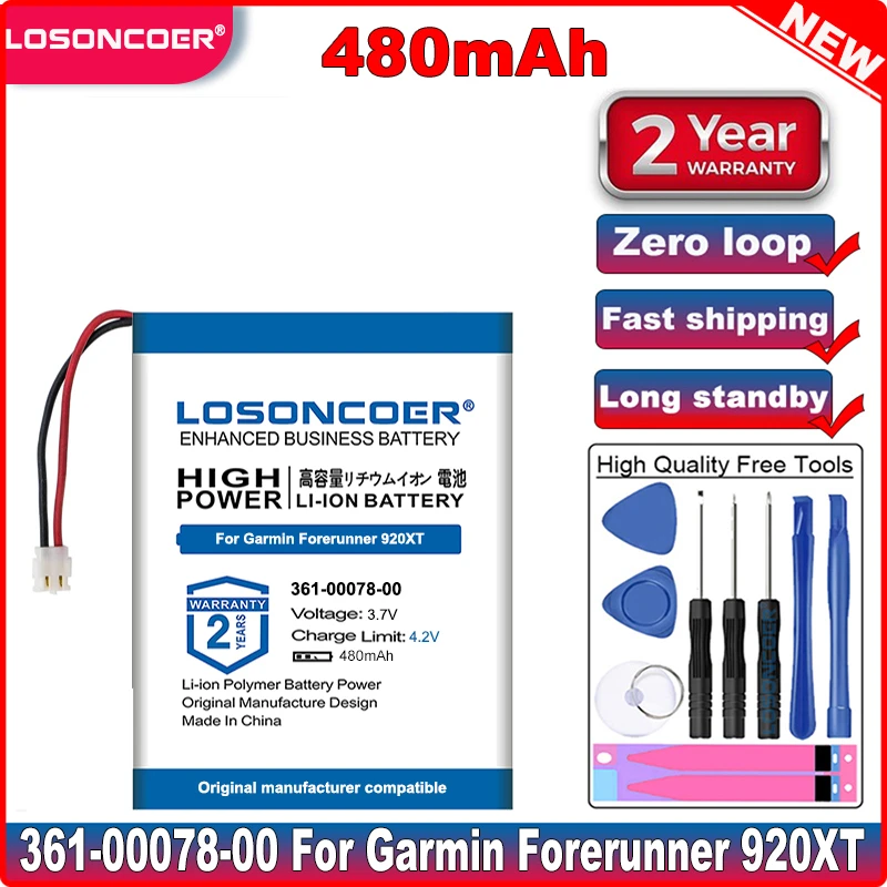 LOSONCOER 480mAh 361-00078-00 361-00078-01 Battery for Garmin Forerunner 920XT Batteries Smart Sports Watch Battery