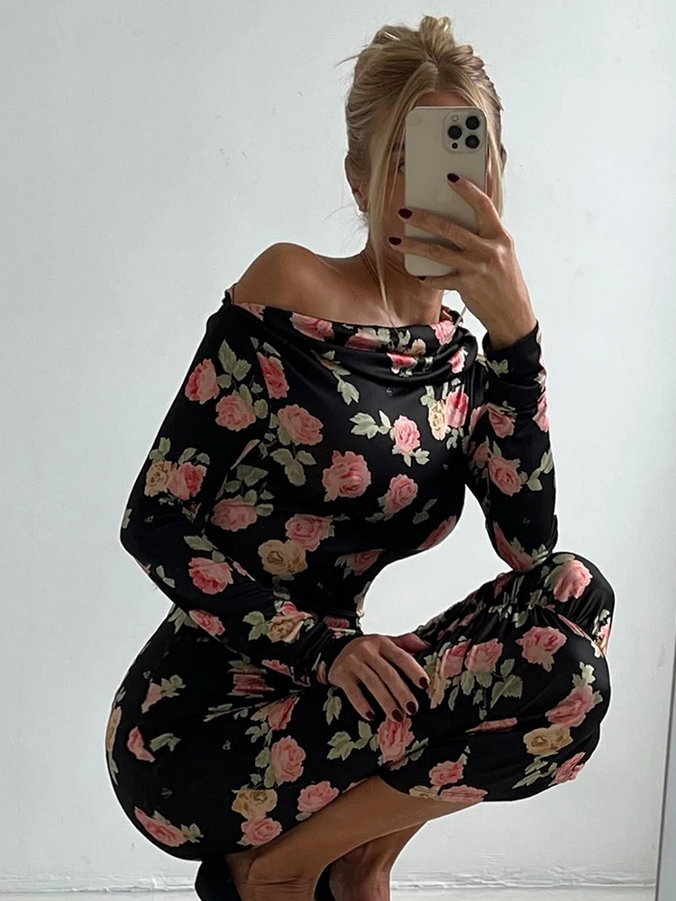 Cutenew Elegant Rose Print Dress Women Sexy Chic Peach Buttocks Slash Neck Full Sleeve Vacation Birthday Stretch Skinny Bodycon