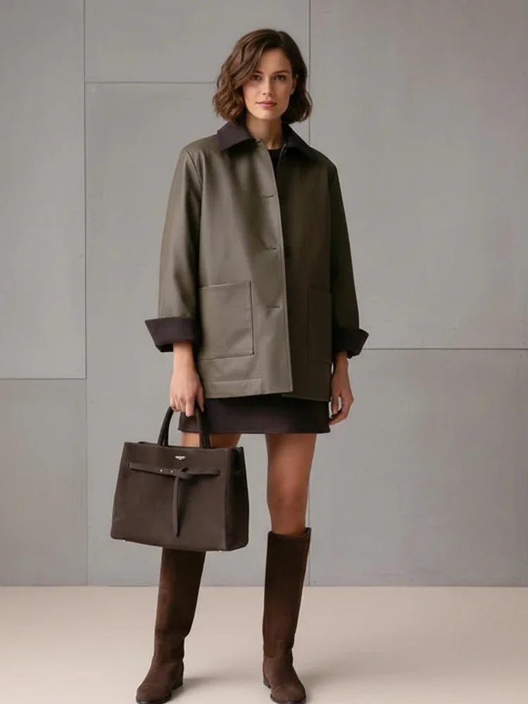 جاكيت جلدي أنيق بياقة للنساء، سترة كاجوال بأكمام كاملة وأزرار أمامية، فضفاضة مع جيوب، ملابس خارجية عصرية للسيدات 2026