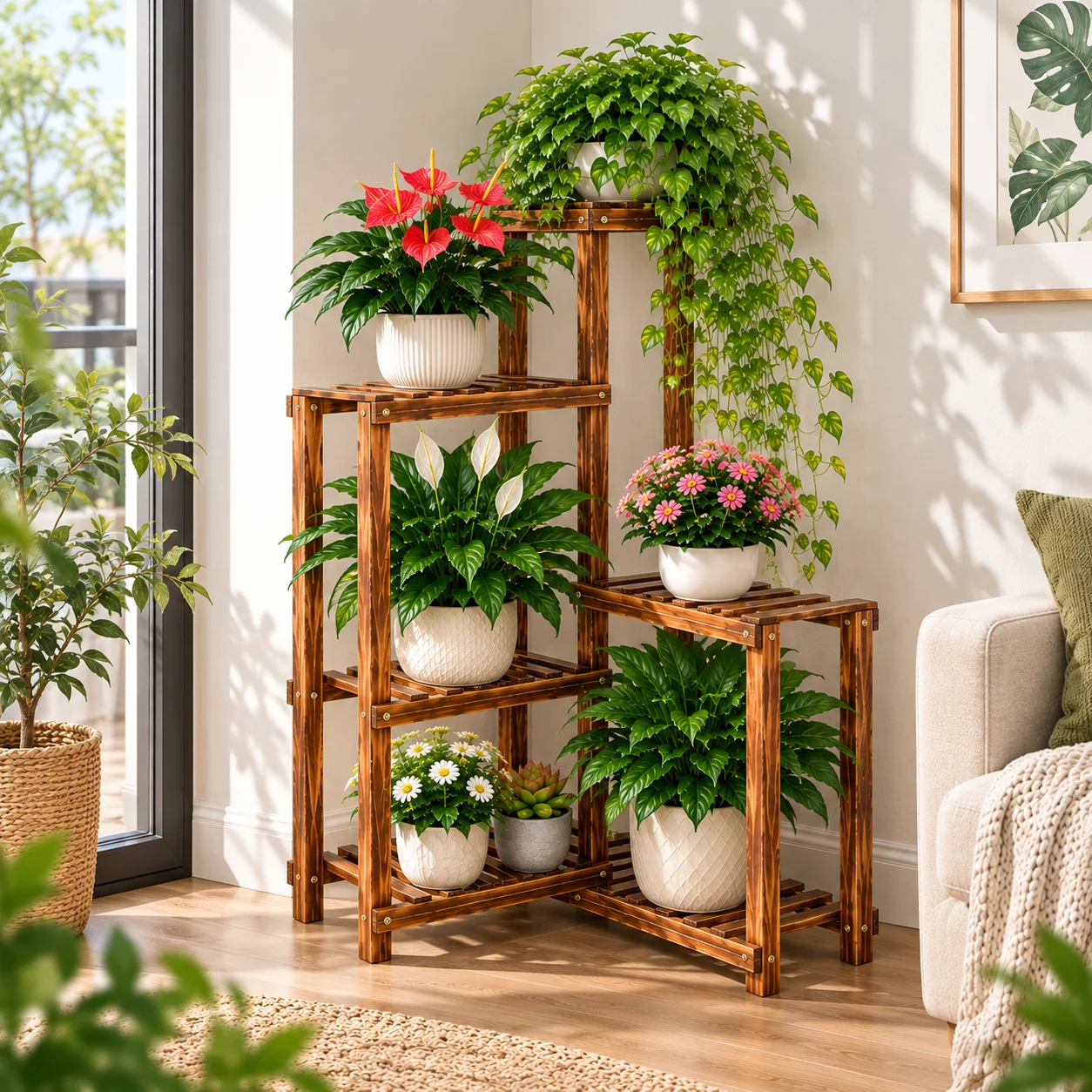 6-Tier Wooden Plant Stand Indoor Outdoor Pine Wood Flower Pot Holder Multi-Level Plant Shelf for Living Room Balcony Patio