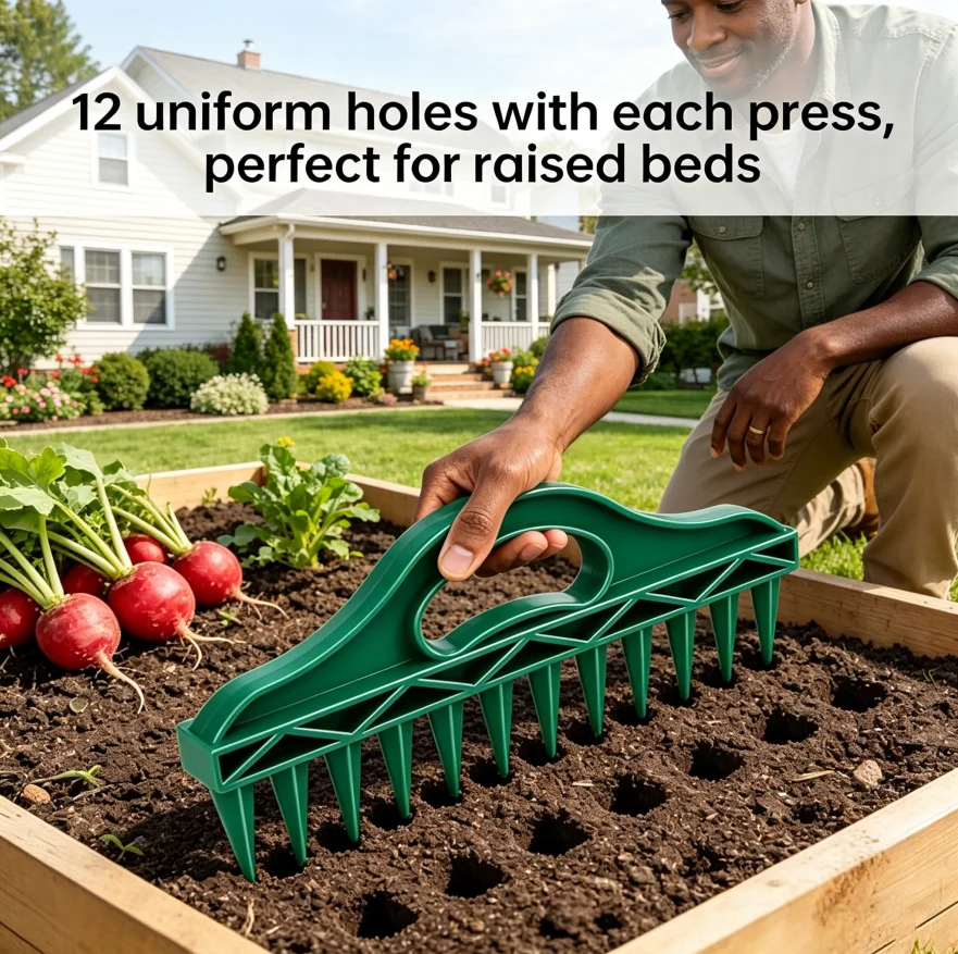 Plantador de Sementes de 12 Furos para Canteiros Elevados e Vasos - Ferramenta de Jardinagem com Espaçamento Fixo e Controle Manual da Profundidade (Sólido 190g)