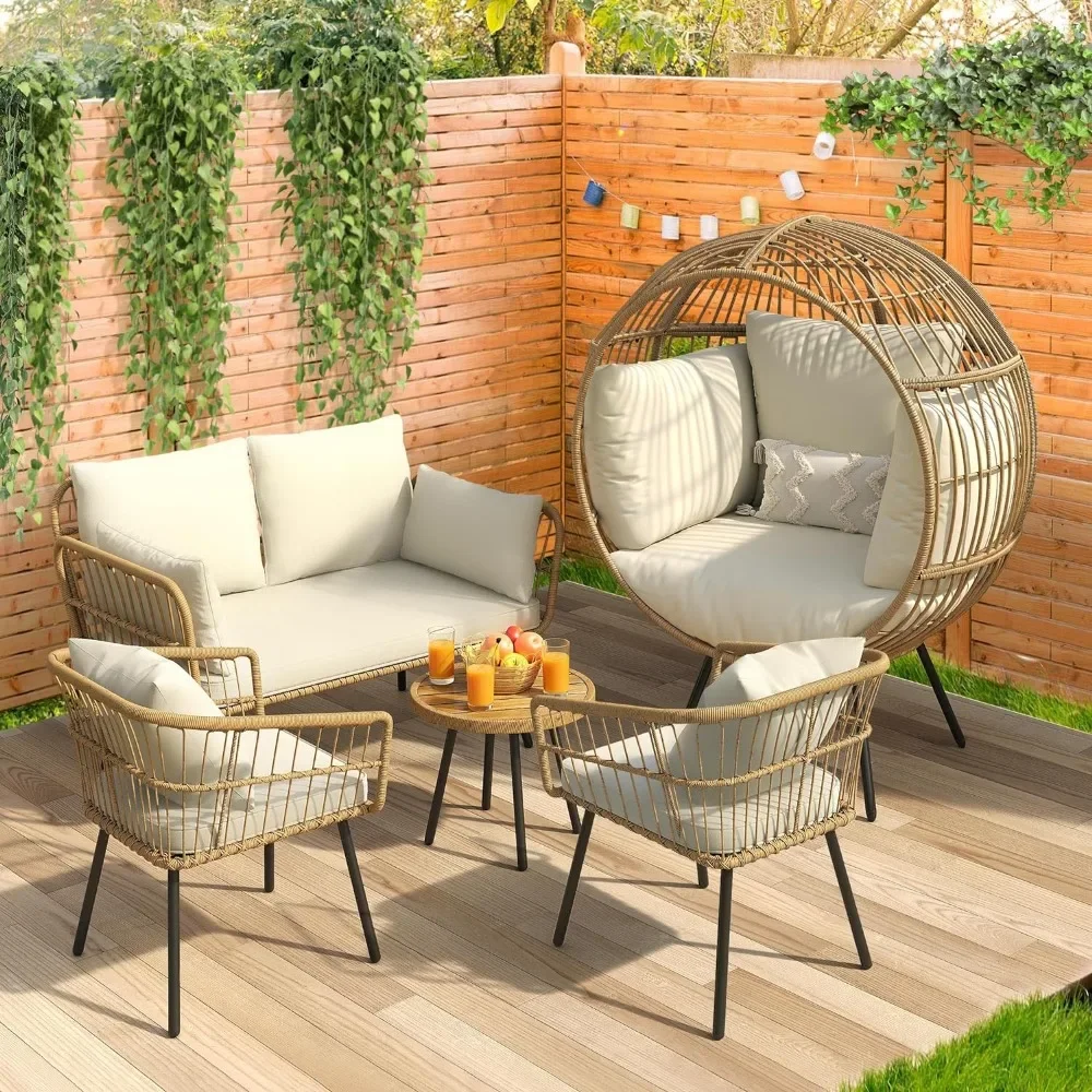 Garden Chair Egg Chair Wicker Outdoor Indoor Basket, Large Round Egg Chair, Bracket Pad with Terrace, Balcony, Bedroom - Beige