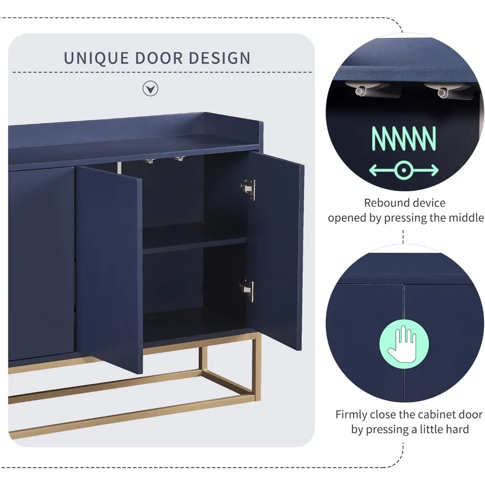 خزانة بوفيه جانبية، خزانة تخزين حديثة مع 4 أبواب وقاعدة معدنية، طاولة وحدة تحكم خشبية مع مساحة تخزين لغرفة الطعام،