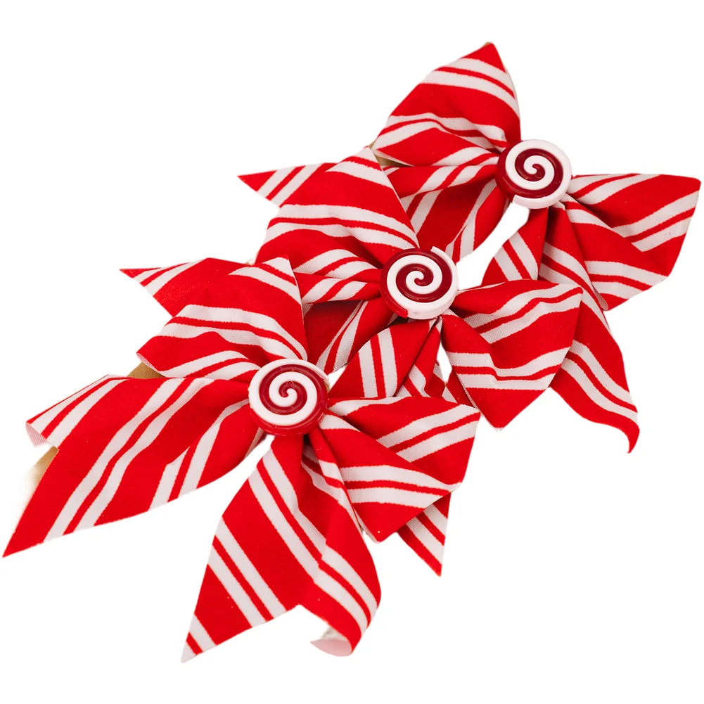 Fabric Candy Bow Ornament for Christmas Tree and For Window Decoration Featuring Striped Pattern and Hanging Loop