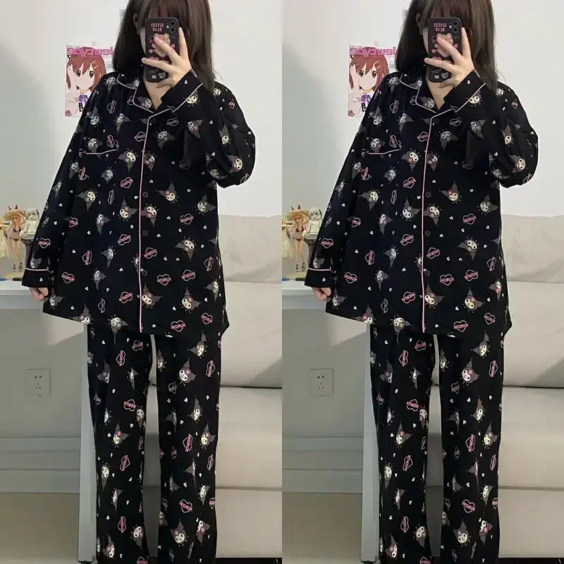 Kawaii Kuromi Anime Sanrio Pajamas Sets Spring and Autumn Girls Kuromi Cartoon Sleepwear Long Sleeved Thin Princess Home Wear