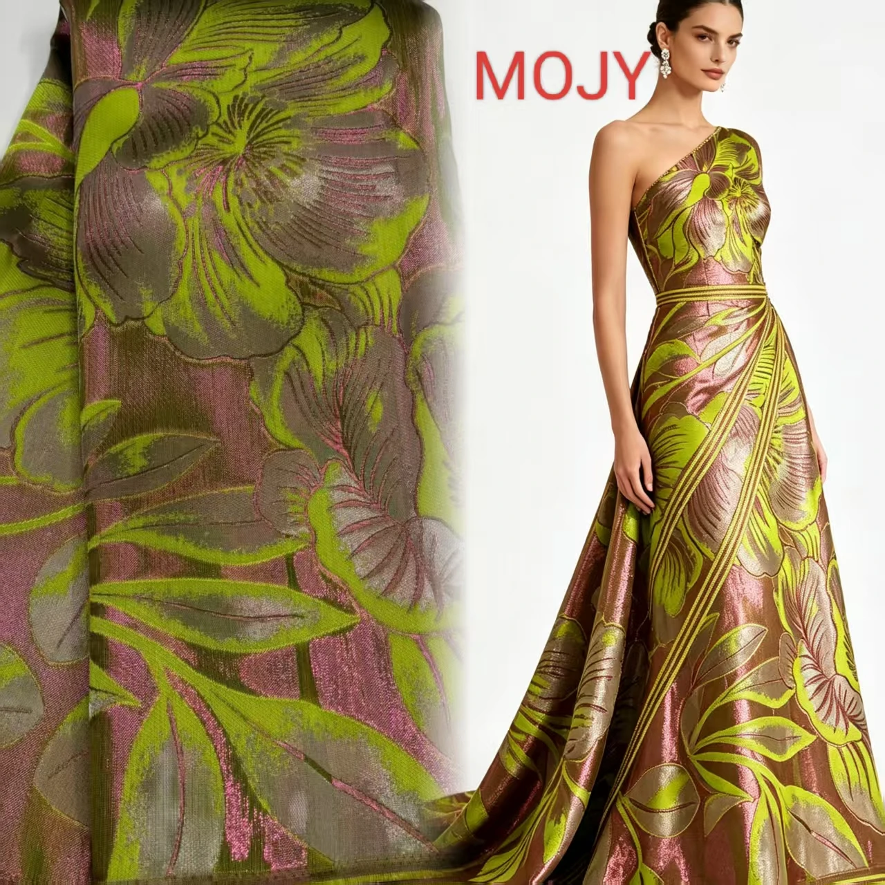 Green Pink Large Flower Metallic Jacquard Brocade Fabric Embossed Cloth For Women African Dress Party Gown Sewing Material