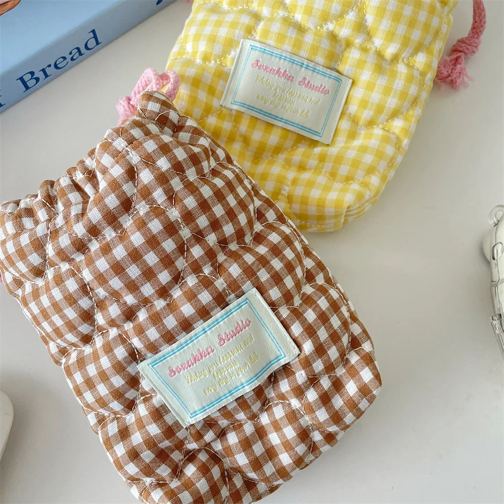 Plaid Drawstring Bag Phone Pouch Key Earphones Lipstick Bags Small Draw String Bags Black Card Camera Polaroid Storage Bag