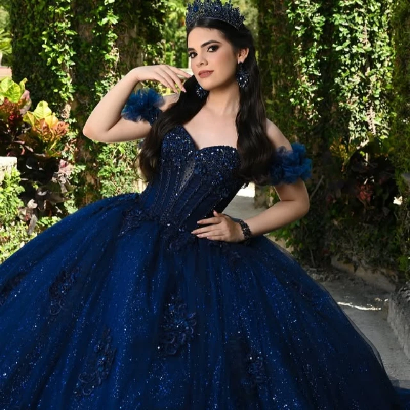 Navy Blue Shiny Quinceanera Dresses Off The Shoulder Applique Lace Beads Tiered Tull Corset Party Birthday Sweet 16 Dres Vestido