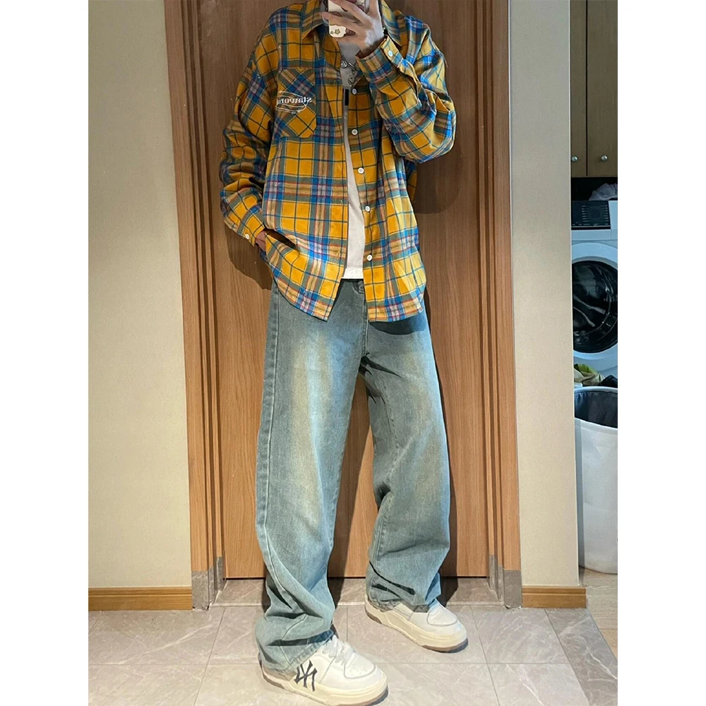 

Yellow Plaid Long Sve Men's irt American Vintage High Sensation Trendy Brand Loose Fit Printed Polyester Cotton Blend