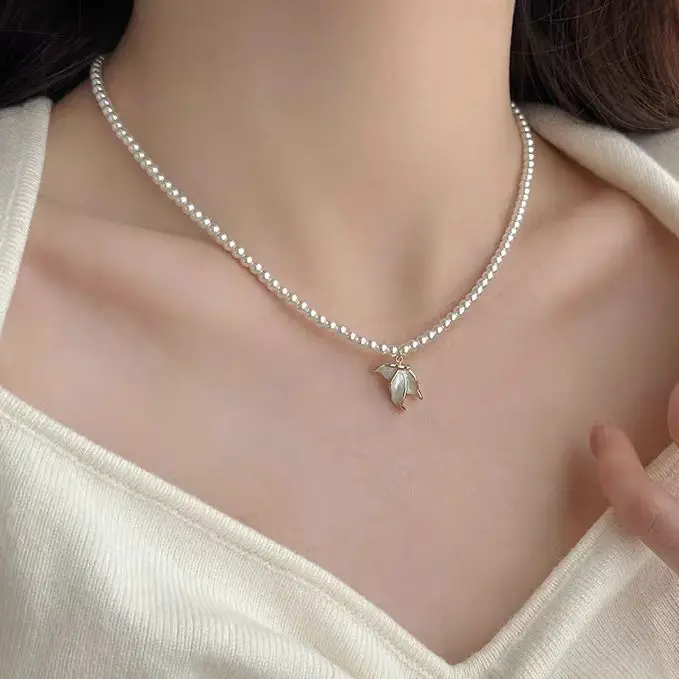 Ventfille-女性用フィッシュテールネックレス,925スターリングシルバー,ナチュラルパール,グレースビーズチェーン,甘い宴会ジュエリー,ドロップシッピング