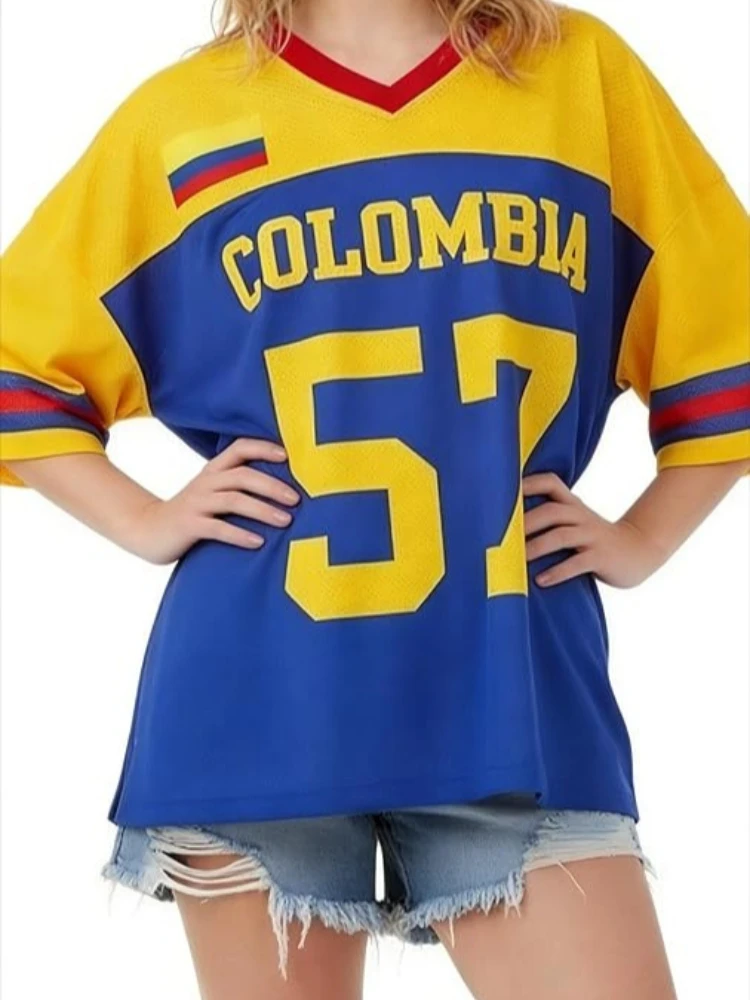Y2K Colombia 57 Flag Print Football Jersey T-shirt Women's Loose Oversized V Neck Short Sleeve Sporty Casual Streetwear Top