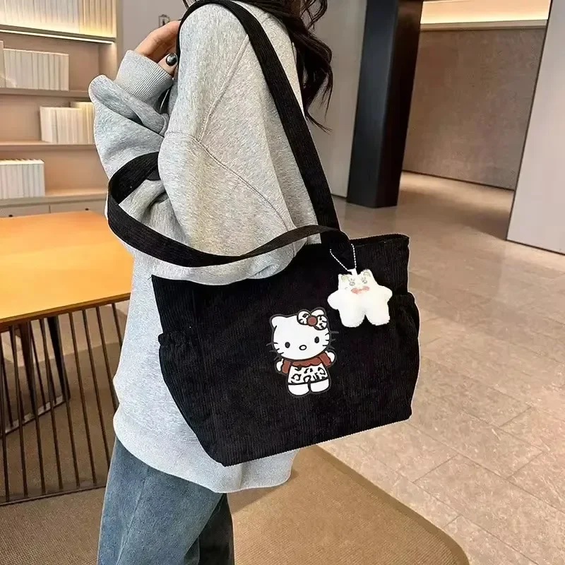 Sanrio HelloKitty Handbag Cute Kawaii Corduroy Printed Shoulder Bag Kt Catwoman Autumn Winter Large Capacity Student Storage Bag