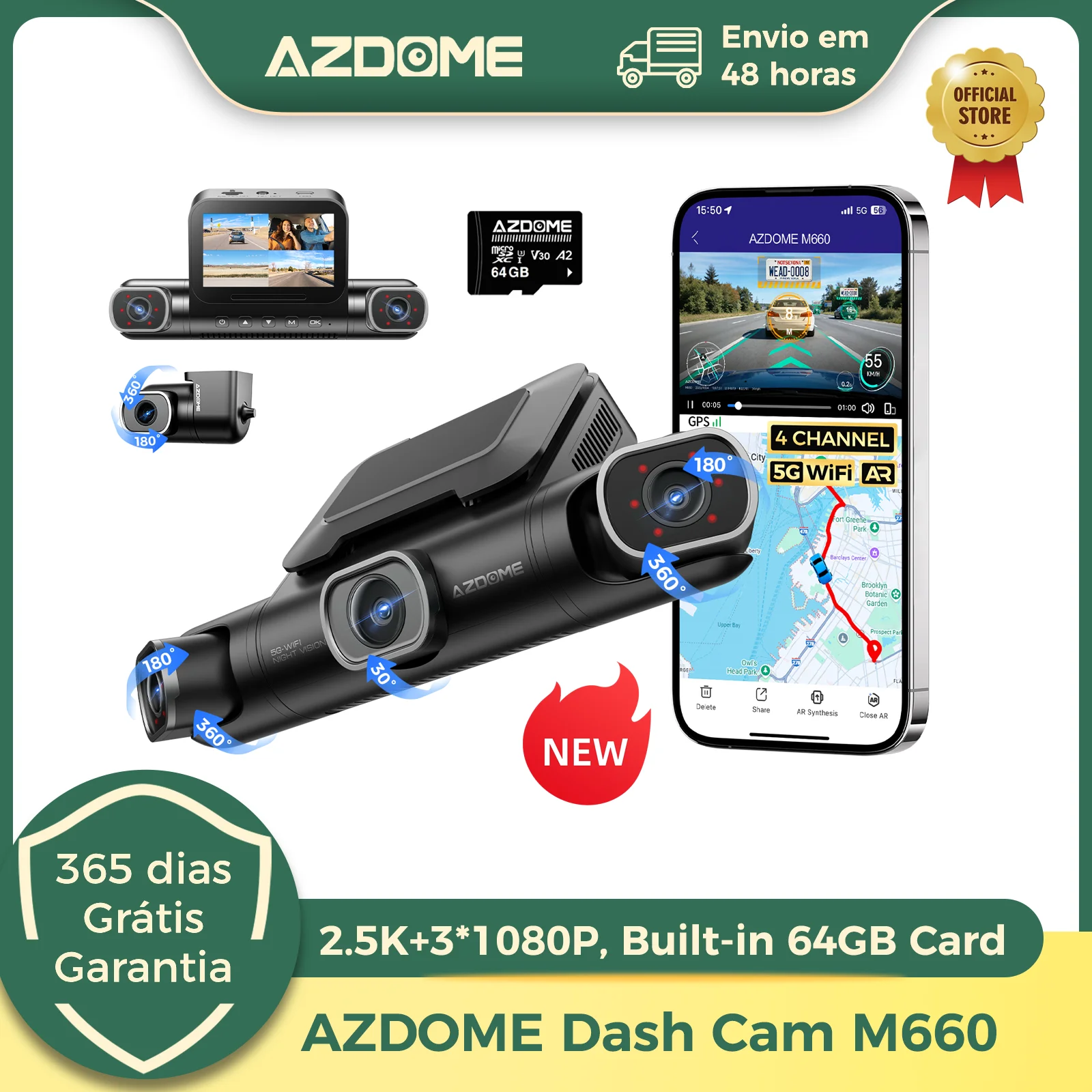 Câmera Veicular AZDOME 4 Canais 2.5K + GPS Wi-Fi