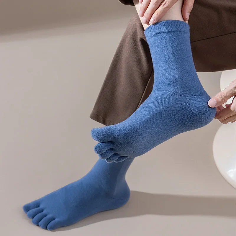 Meias masculinas de lã com cinco dedos, curtas, grossas, sólidas, absorventes de suor, vestido de negócios, macio, respirável, manter o calor, meias térmicas de inverno