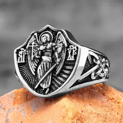 Archangel St.Michael Religion Amulet Stainless Steel Mens Rings Punk for Male Boyfriend Biker Jewelry Creativity Gift Wholesale