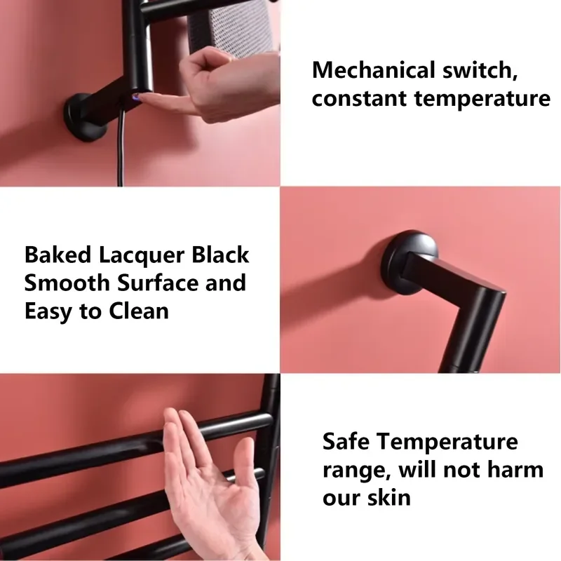 Matte Black Swivel Towel Warmer with 5 Heated Rails Porte Serviette Chauffant 304 Stainless Steel Wall Mounted Heated Towel view 5