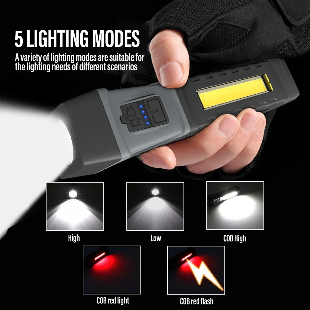 

Bright LED+COB Tactical Flashlight USB Rechargeable Handfree Clip Torch with Magnet Adjustable Base Lantern for Camping Fishing