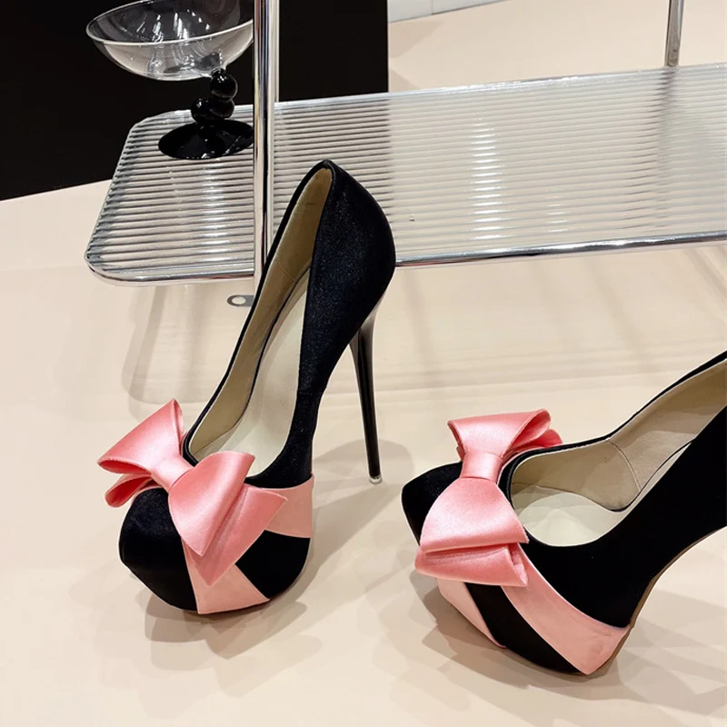 Liyke Fashion Design Bowknot Round Toe Platform Pumps Women Wedding Banquet Shoes Sexy Stripper Pole Dance tacchi alti nero rosa