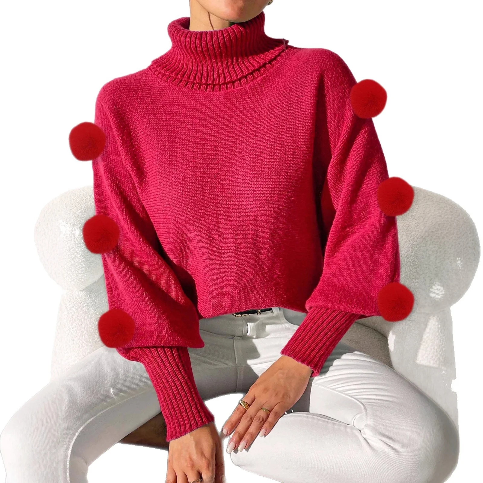 Suéter F de Gola Alta com Mangas Batwing Vermelho com Detalhes em Bola Cseta Base Estilo de Rua Manga Longa Moda de...