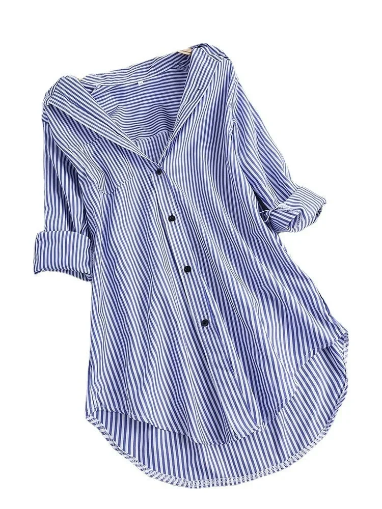 Women's Long Sleeve Loose Print Blouses, Striped, Single Breasted Pocket Shirts, Ladies Button Lapel Tops, Leisure, Autumn