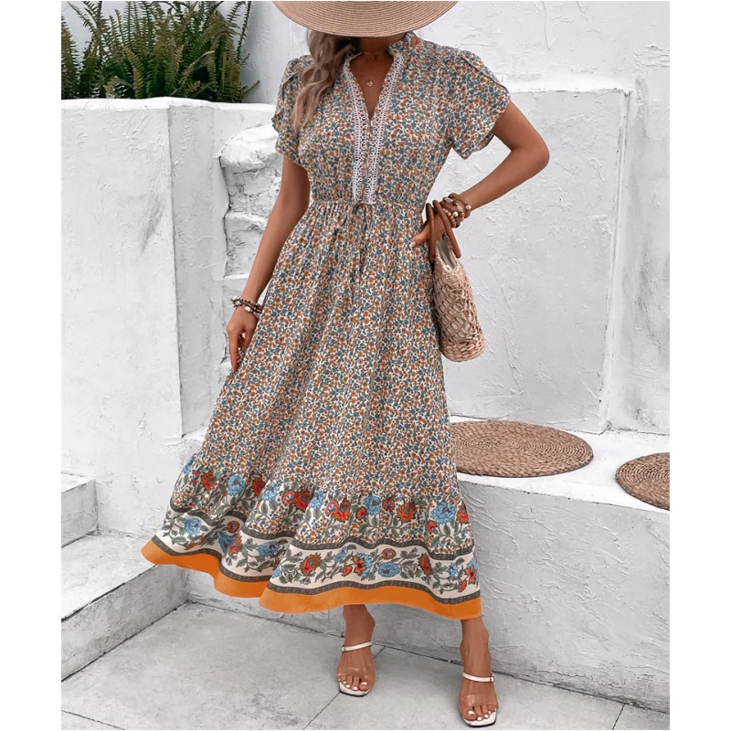 Summer Floral Print Women's Dr Casual Street Sle Long Skirt Princ Ball Gown V-Ne ort Sve A-Line Midi Dr