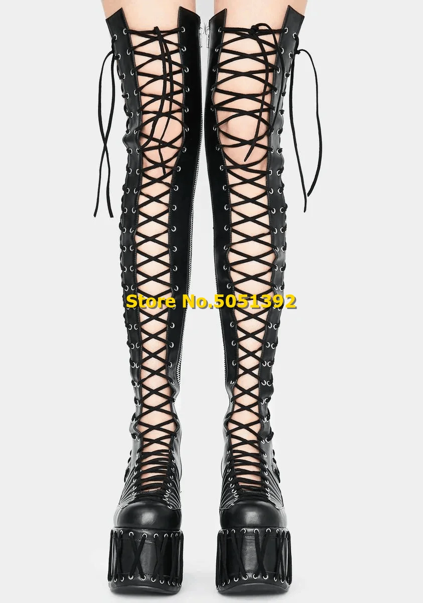 Lace Up Over The Knee Boots Hollow Summer Strappy Rome Shoes Platform Chunky Heel Black Leather Zipper Thigh High Boots