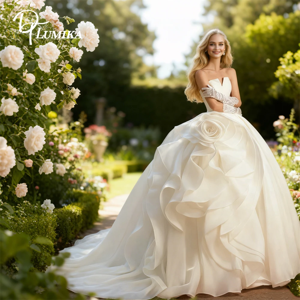 

DTLumika Organza Beige Wedding Dress for Bride 2026, Strapless Ball Gown Bride Dresses Maxi Wedding Party Gowns