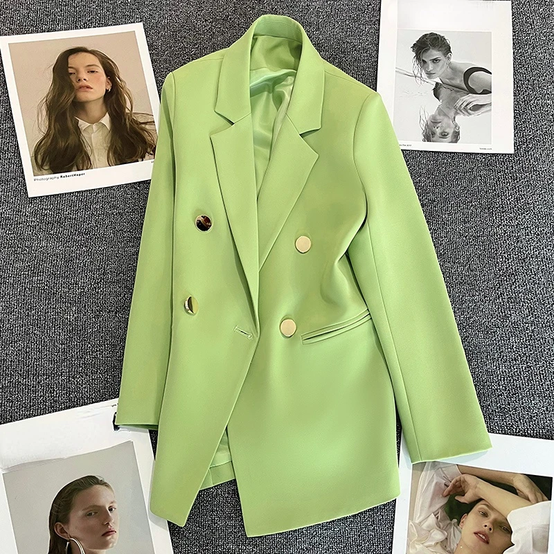 

Green Women Blazers Autumn Solid Pocket Turn-Down Collar Long-Sleeved Casual Elegant Office Lady Outwear Coats Tops