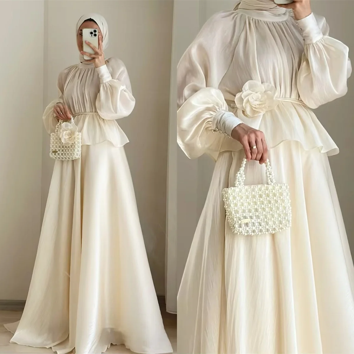 

Elegant Customize A-Line Scoop Neckline Evening Dress Ruffle Wedding Party Dress Zipper Up Floor-Length Long Sleeves Vestidos De