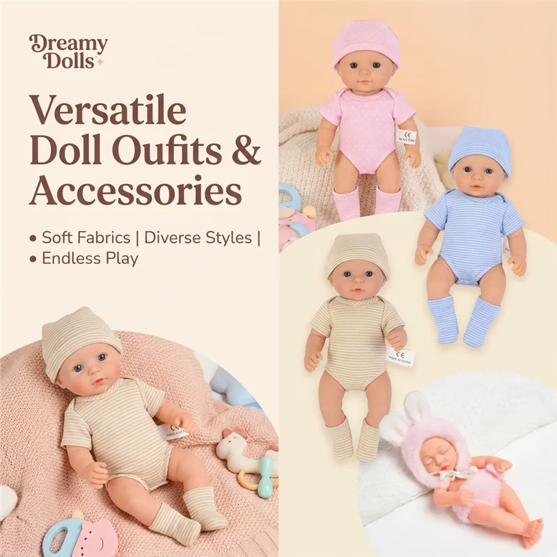20cm 7インチ ミニリボーンドール服 衣装 かわいいベビー人形 幼児用Tバックロンパース パンツ ぬいぐるみ うさぎの靴下 帽子セット 服