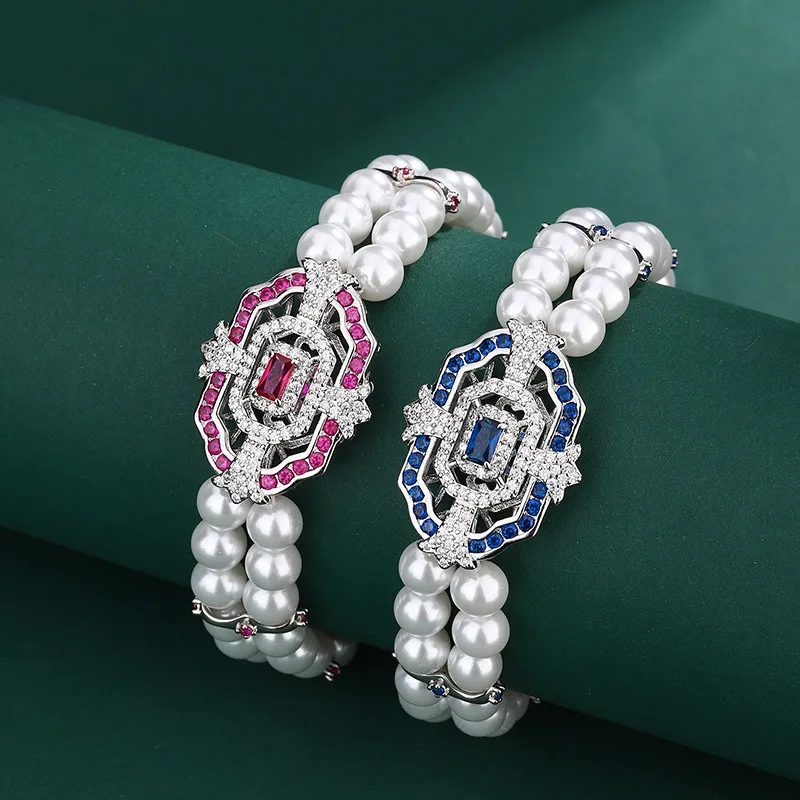 

Vintage Double Row Pearl Red Square Diamond Bracelet for Women Minimalist Elegant Ladies Bracelet Valentine Day Gift for Her