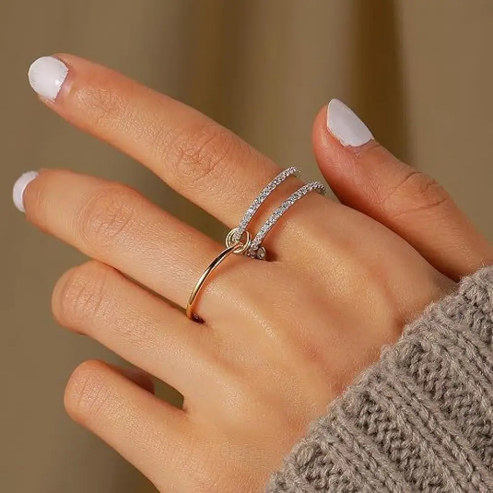 Anillos de oro de acero inoxidable que no se deslustran, anillo apilable conectado multienlace, anillos delicados de circón con diamantes completos para mujer