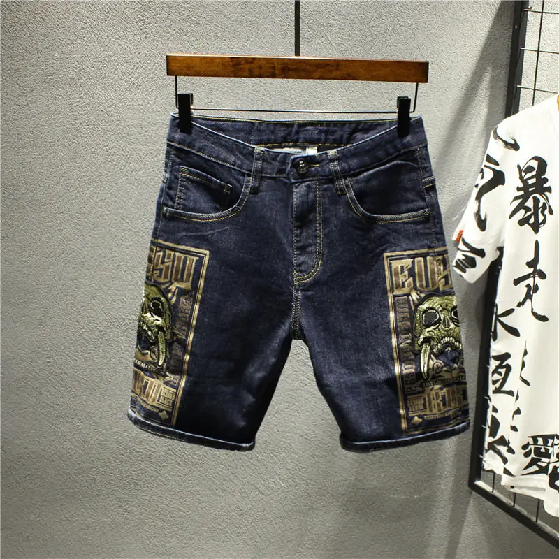 Man Denim Shorts Graphic Skinny Print Slim Short Jeans Pants for Men Embroidery Y2k Fashion Buttons New in Emo Streetwear Xxxl