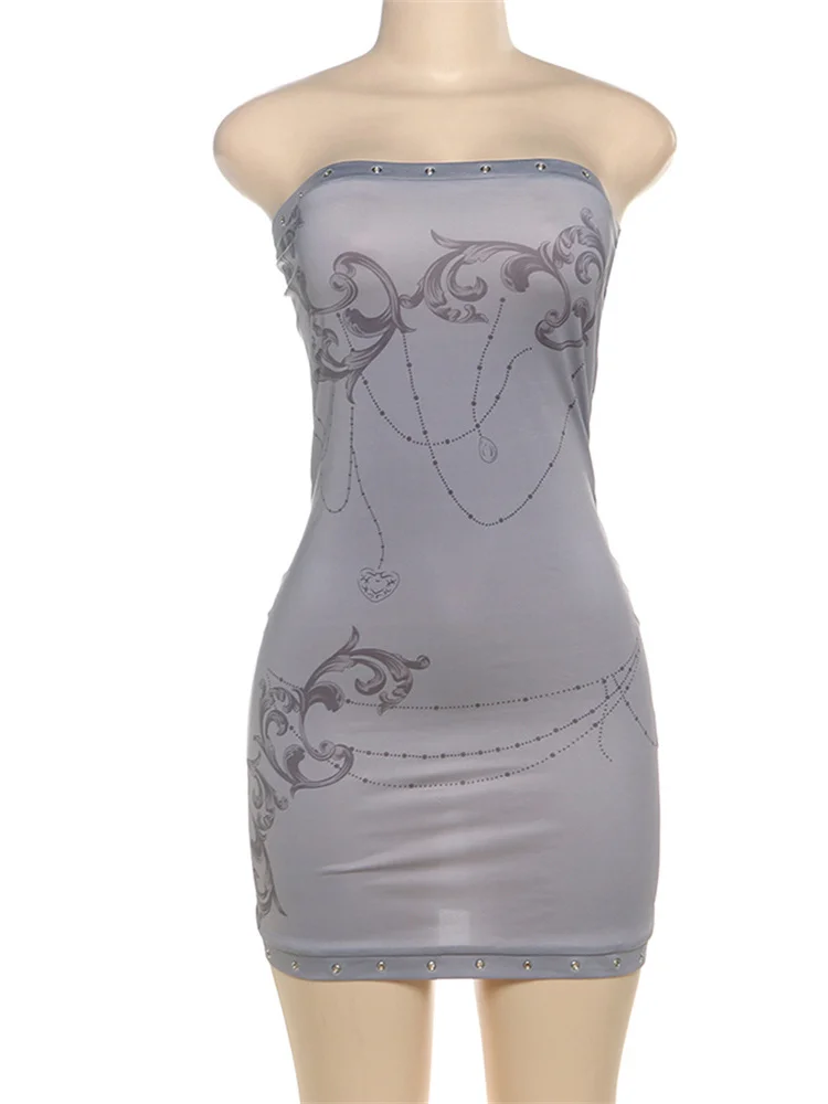 Nibber Patchwork Metal Rings Dress Women Skimpy Backless Strapless Graphic Print Sexy Slim Midnight Clubwear Party Mini Bodycon