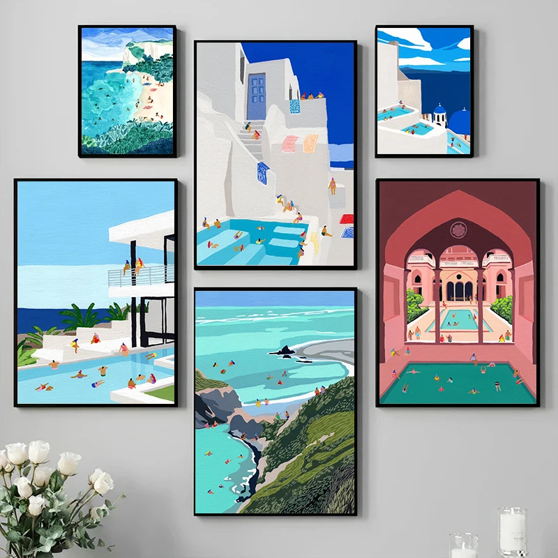 Minimalist Pool Party Various Styles of Pools Swimming Poster Canvas Painting Wall Art Picture Home Decor Personalized Gift